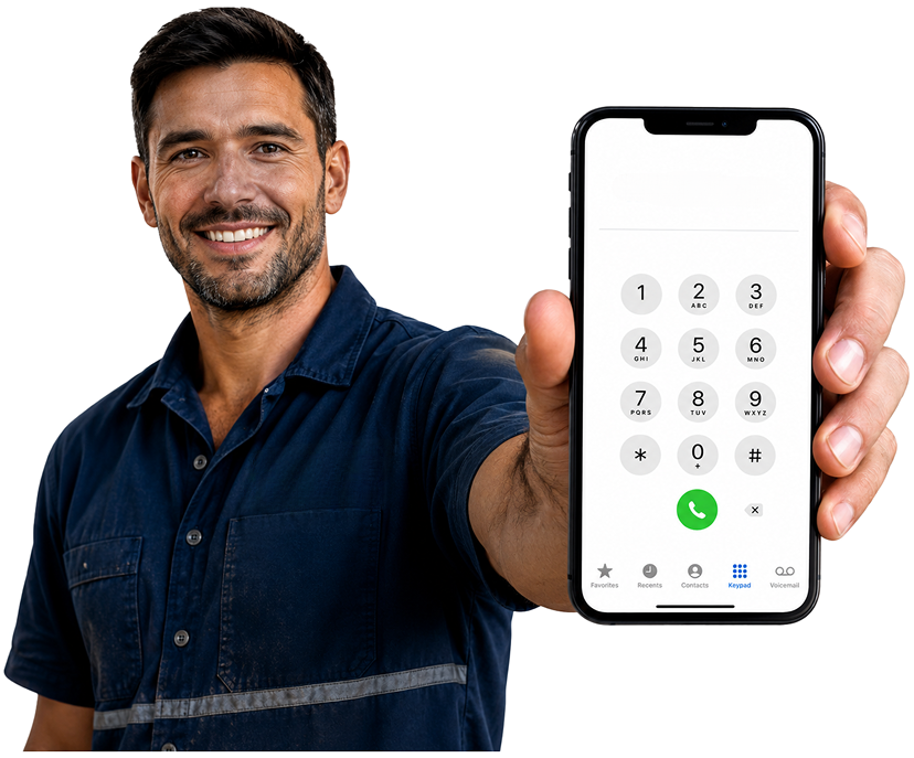 Chiswick Blocked Drains plumber holding a phone — call 1300 261 965