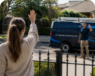 Customer waving goodbye to a Chiswick Blocked Drains plumber